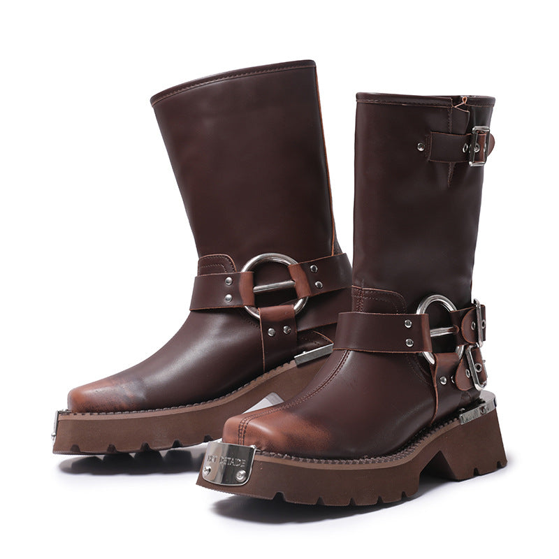 Height Increasing, Brown Sleeve Western Denim Ankle Boots