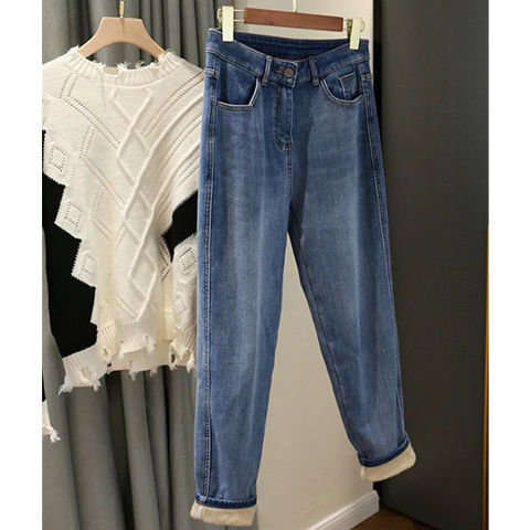Fleece  And Thick Blue High-waisted Daddy Jeans For Children Fall Winter