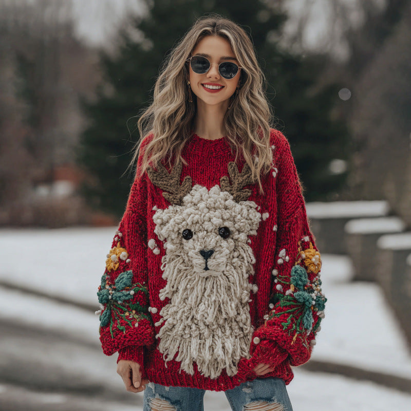 Womens 3D Digital Print Loose Crew-Neck Sweatshirt