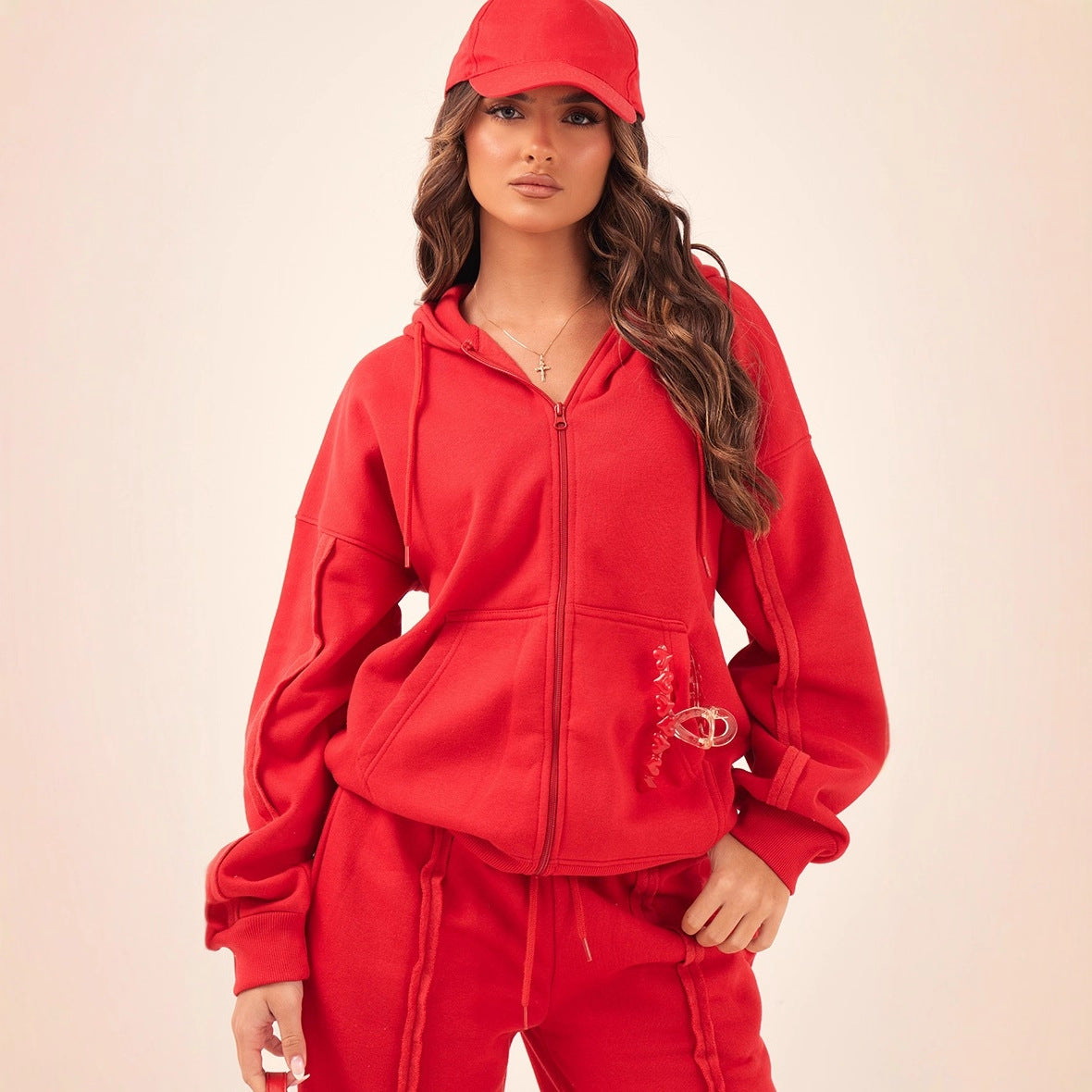 SpringSummer New Sexy Stylish Zip-Up Hoodie With Drawstring And Lace-up Pants Two-Piece Set