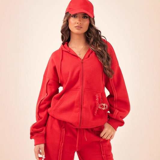 SpringSummer New Sexy Stylish Zip-Up Hoodie With Drawstring And Lace-up Pants Two-Piece Set
