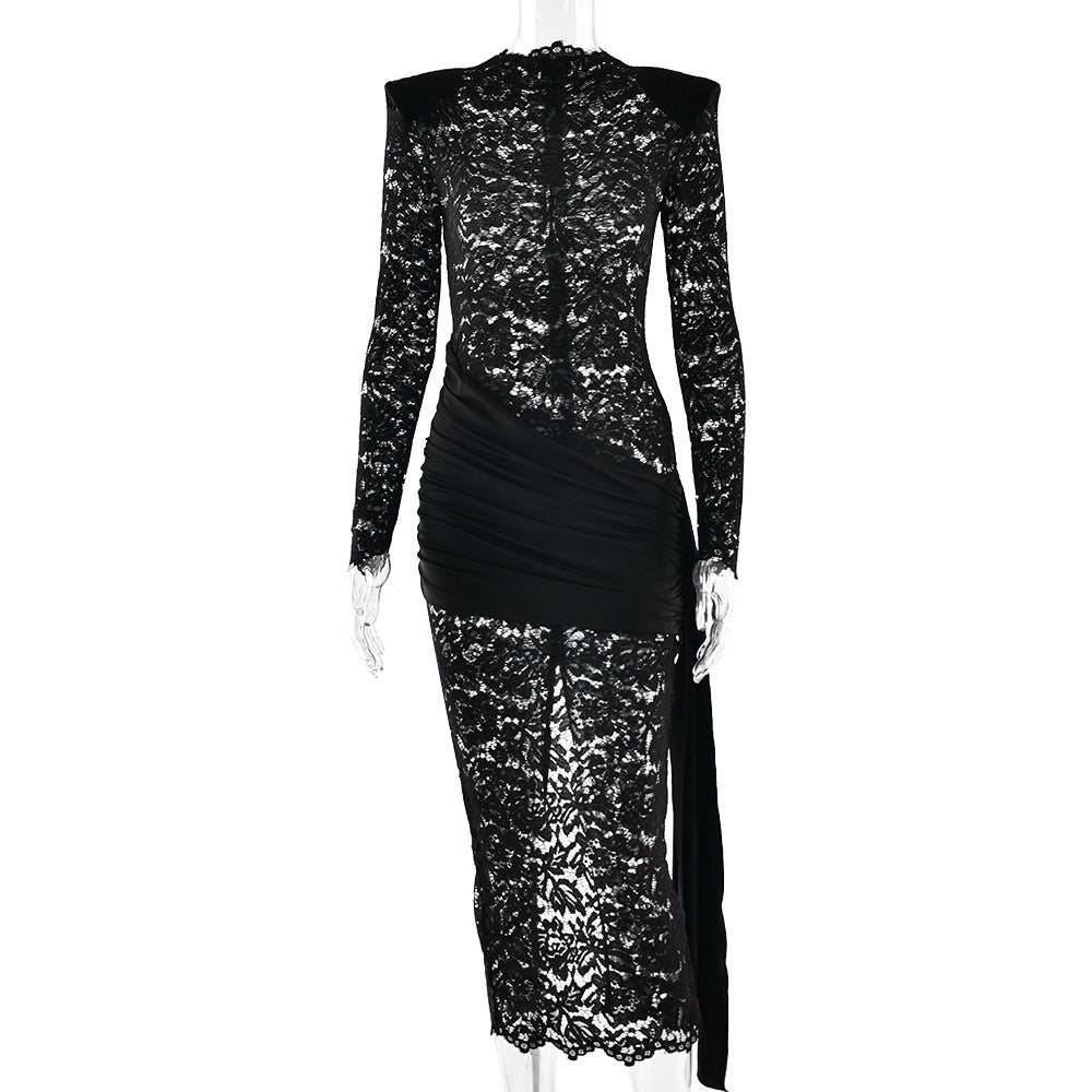 Womens Lace See-Through Long-Sleeve Dress With Ribbons