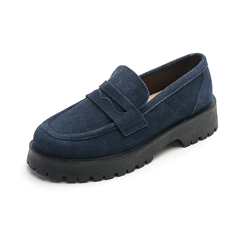 Loafers Comfort And Casual Matte Cowhide British Style Women's Shoes Chunky Heel Platform Slip-on Retro