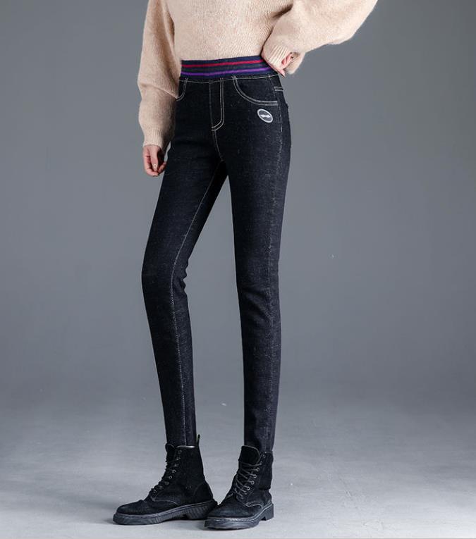 Outer wear warm stretch and fleece elastic waist jeans