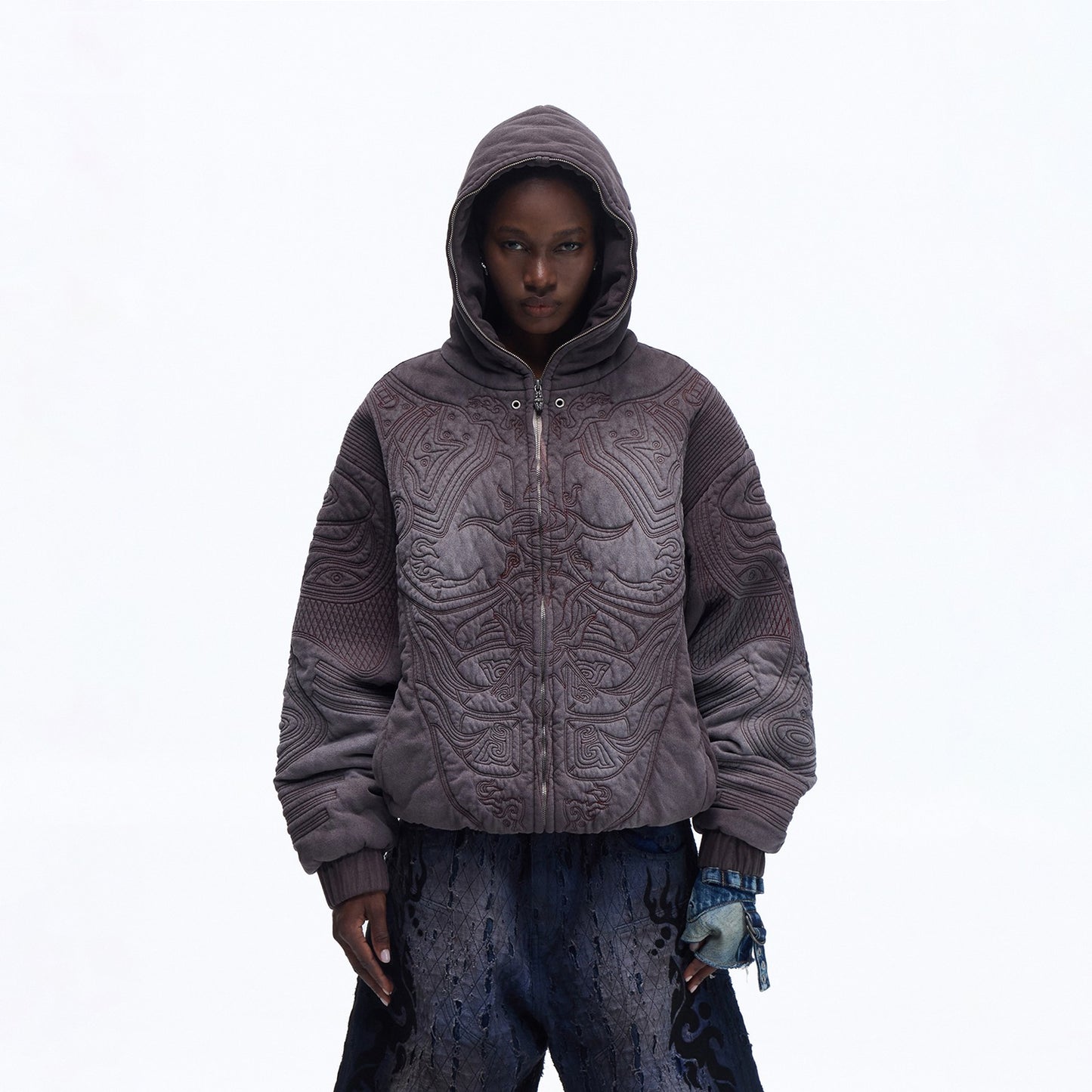 Sun Totem Fully Embroidered Pre-Washed Distressed Sweatshirt