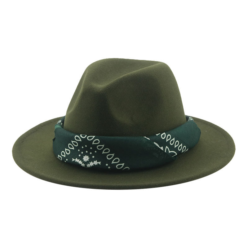 Paisley Ribbon Wide Brim Woolen Top Hat Felt Cowboy Hat