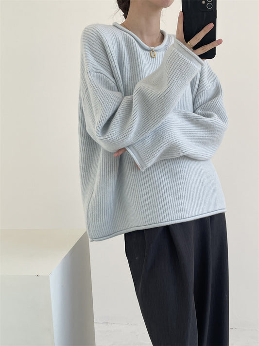 Solid-color Ribbed Irregular Knit Pullover Sweater