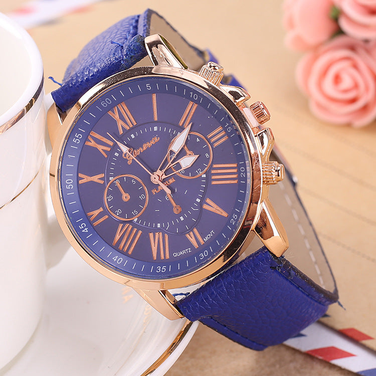 A derivative of the explosion in Geneva on behalf of the spot gold shell Beige three eye literal Rome digital Leather Strap Watch0