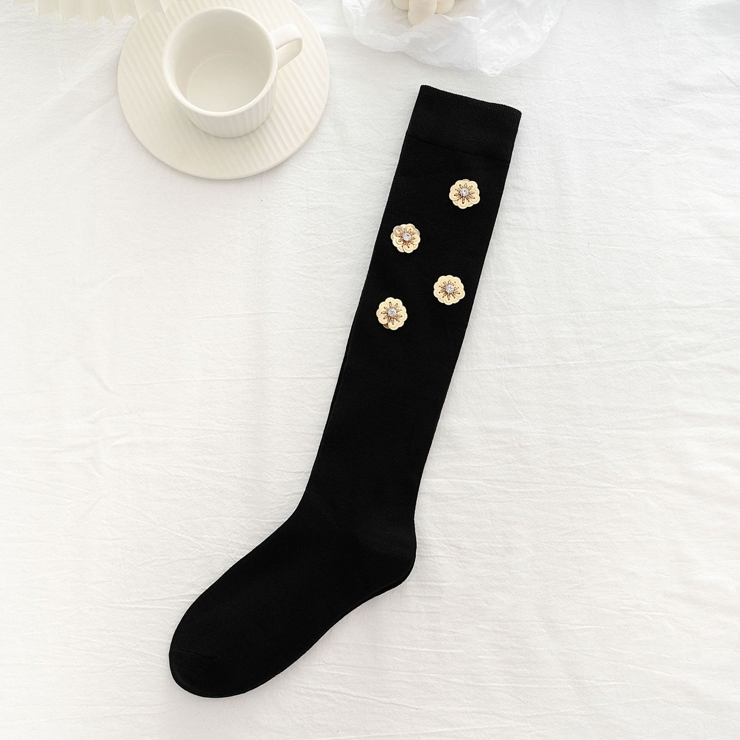 Hand-designed Heavy Industry Sequined Diamond Bow High Socks