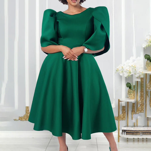 Womens Round-Neck High-Waist Full-Skirted Evening Dress