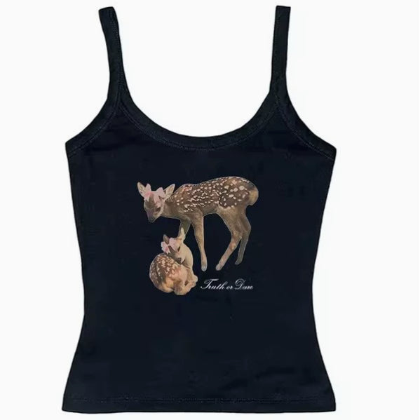 Female Deer Print Girl Bow Knitted Spaghetti-strap Camisole Top