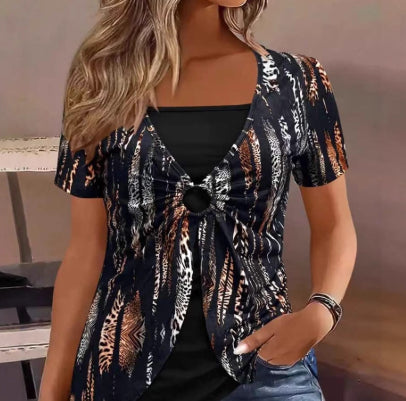 Fake Two-piece Ethnic Style Plus Size Women's Clothes Short Sleeve