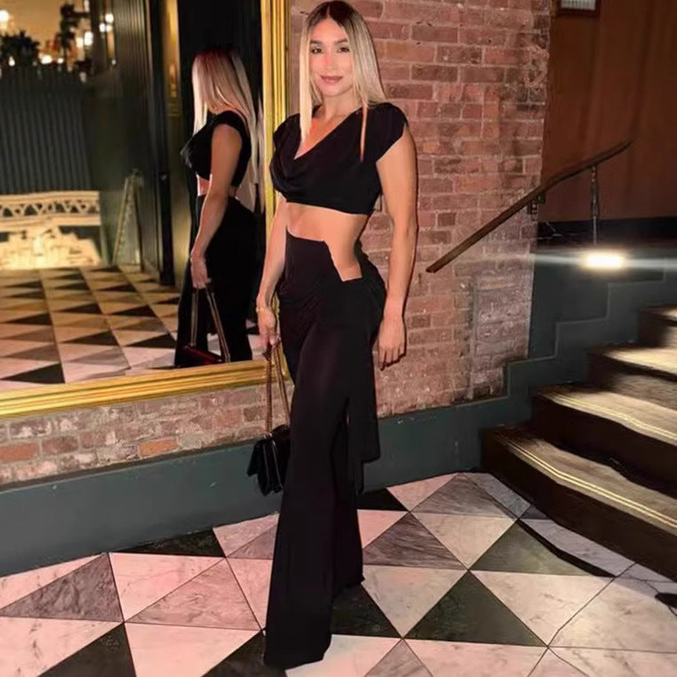Summer New Women's Fashion Personality Slim Pleated V-neck Short Crop Top Hip-hugging Casual Suit