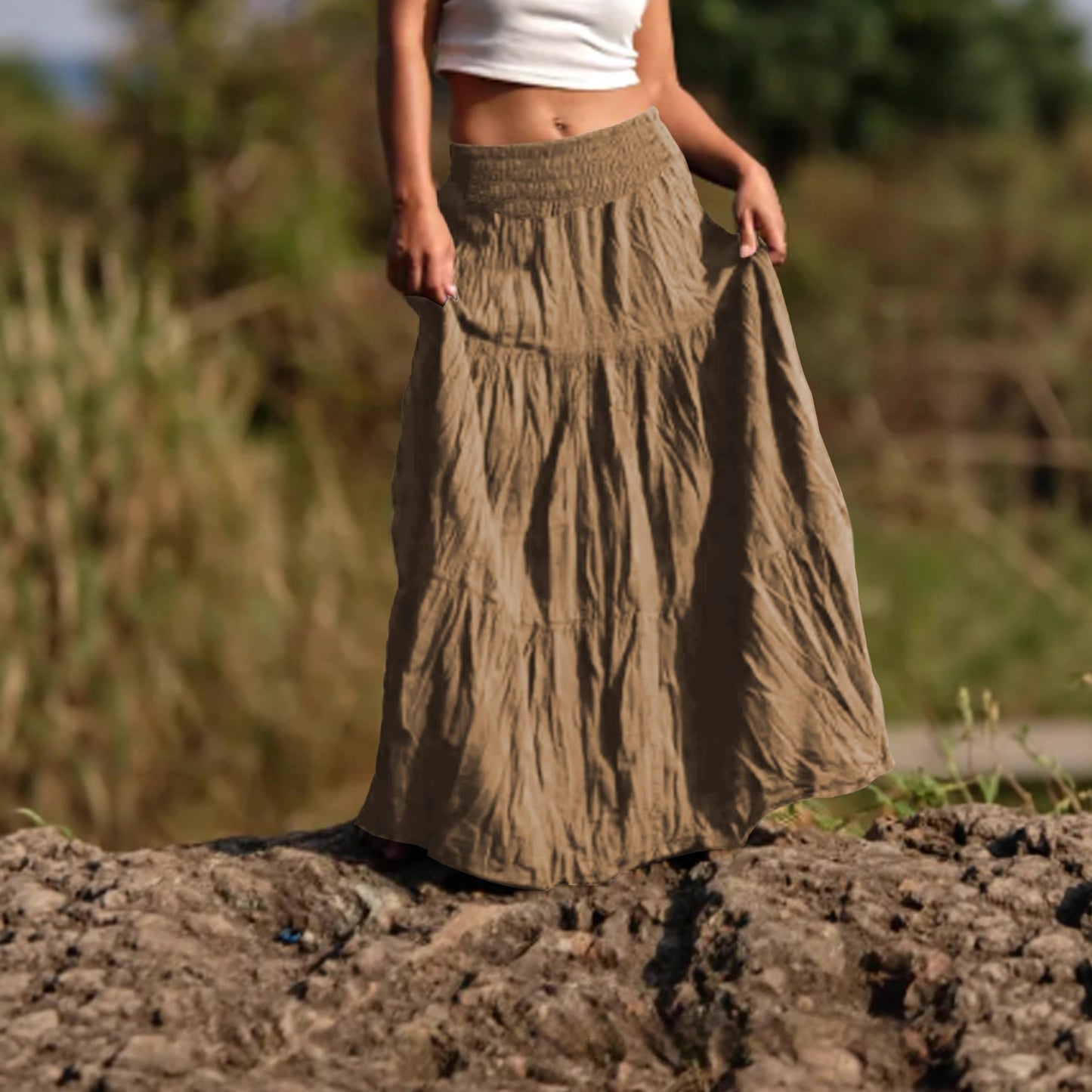 Women's Waist Smocking Mid-length Retro Daily Skirt