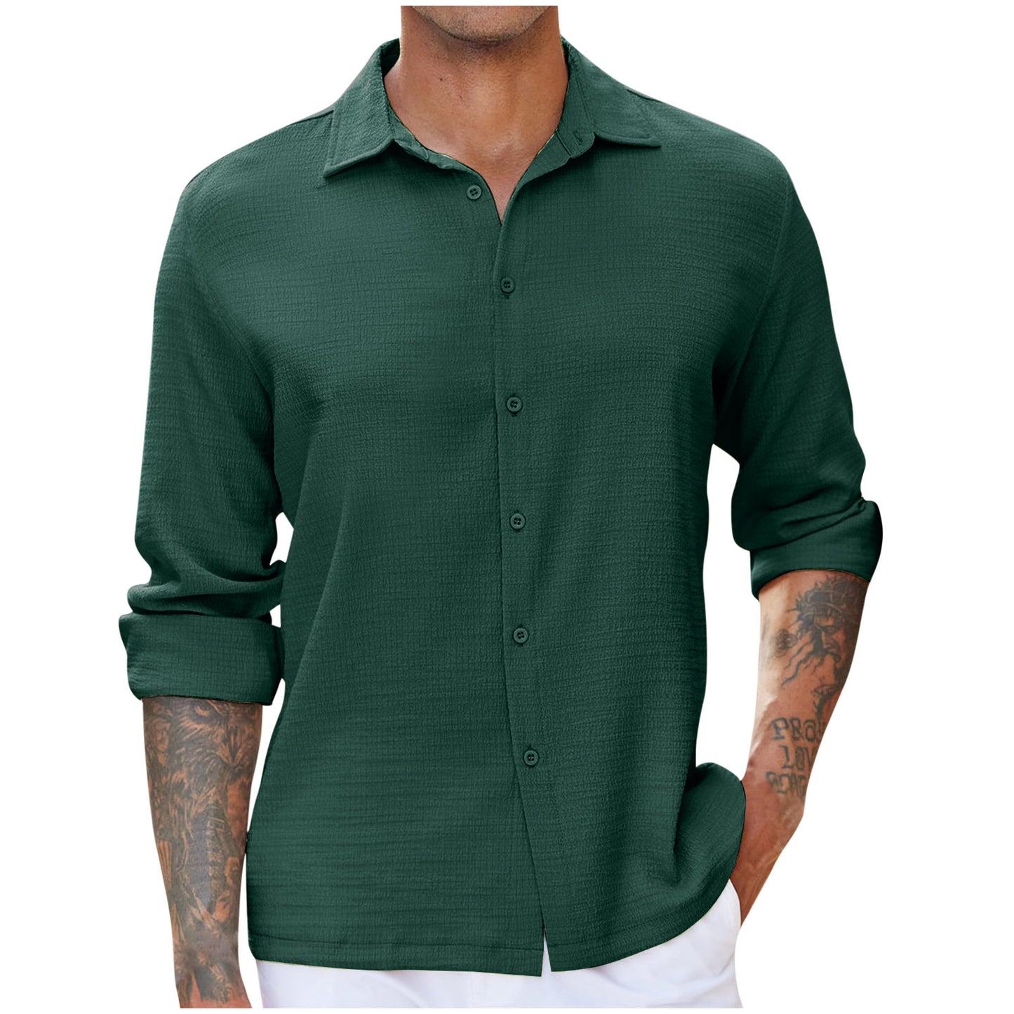 New Mens Casual Bubble-crease Shirt With A Turn-down Collar