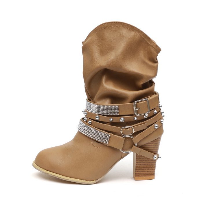 High Heel Thick Heel Belt Buckle Women's Shoes Rivet Water Drill Large Boots