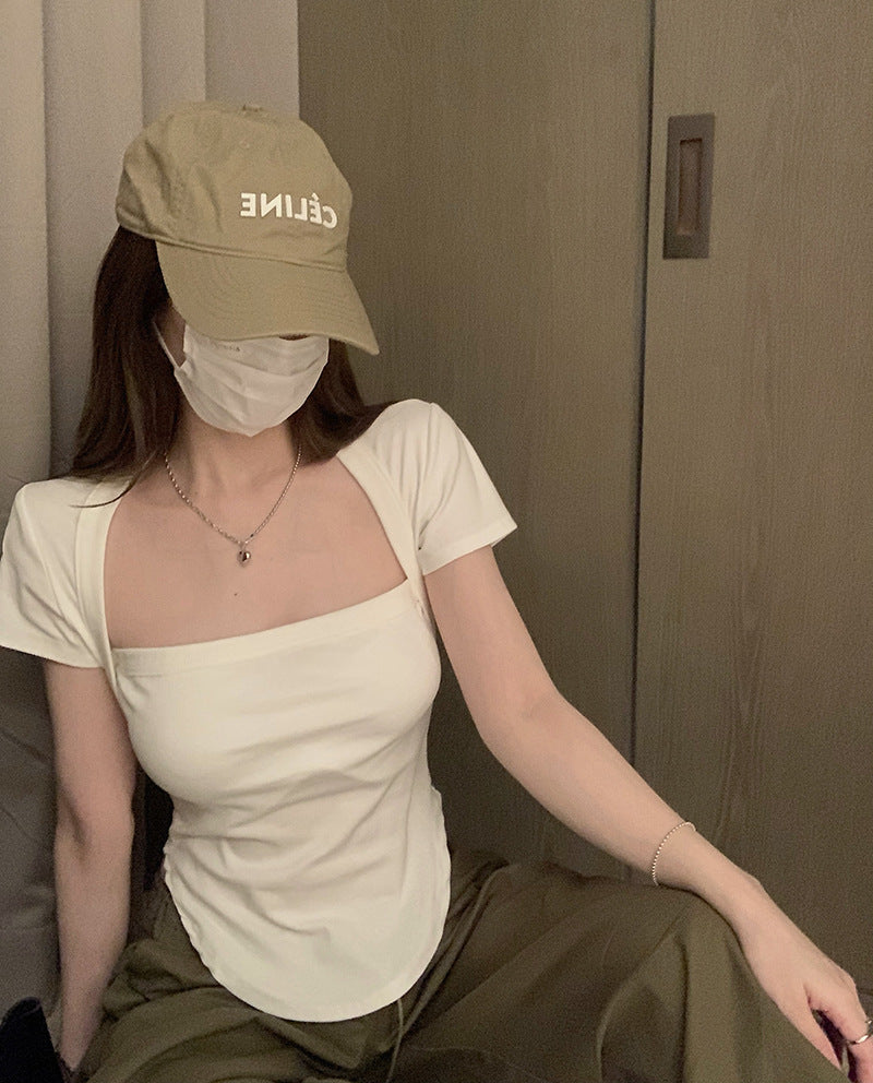Retro Hot Girl Square Collar Slim Irregular Covering Belly Slim Short Top