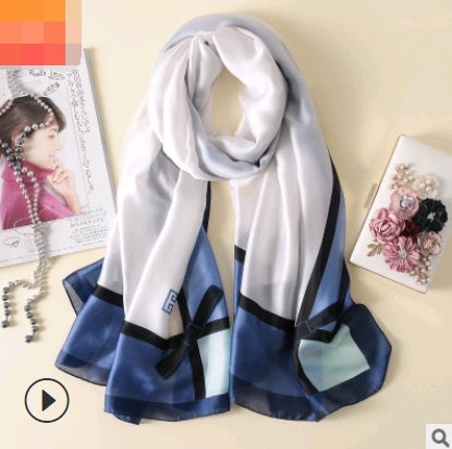 Spring, summer and autumn, new flowers, elegant and high-end artificial silk scarf, female decorative shawl, sunscreen beach towel