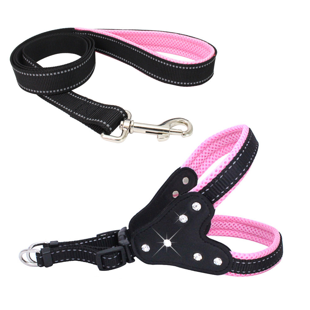 Komfortabelt Mesh Stof Skinnende Rhinestone Kæledyrs Håndholdt Reb Reflekterende Hundebrystrem Veststil