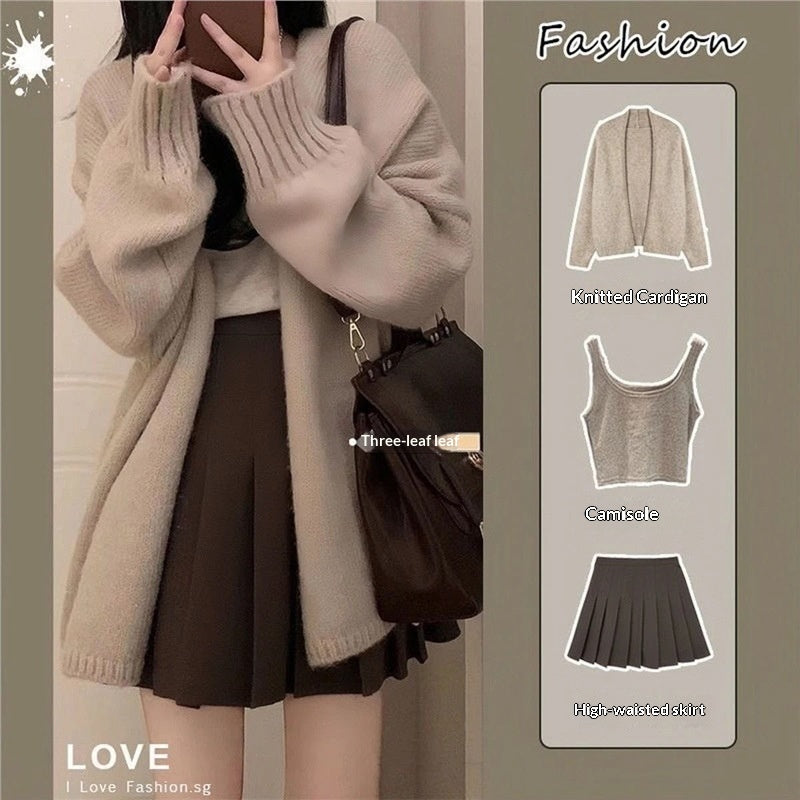 New Korean-style Versatile Strap Loose Cardigan Figure-flattering Pleated Skirt Three-piece Set