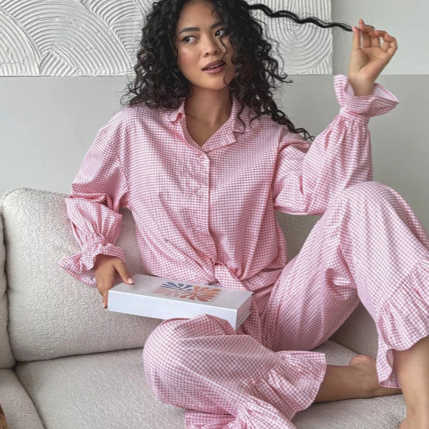 Plaid Ruffled Long-sleeve Cardigan And Tie-front Pants Two-piece Set