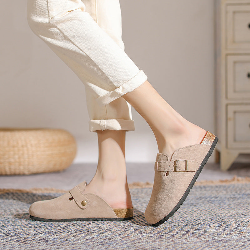 Men's And Women's Genuine Leather French Retro Closed Toe Half Slippers