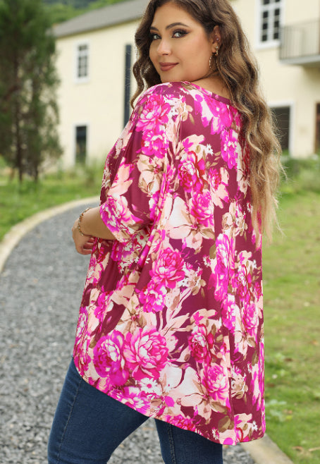 Red Floral Print Short Sleeve Plus Size Blouse