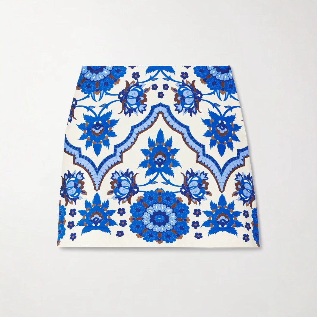 Slim-fit Blue Printed Round-neck Top And Skirt Two-piece Set