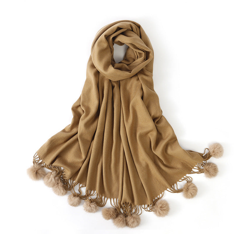 Pure color rabbit fur ball cashmere scarf