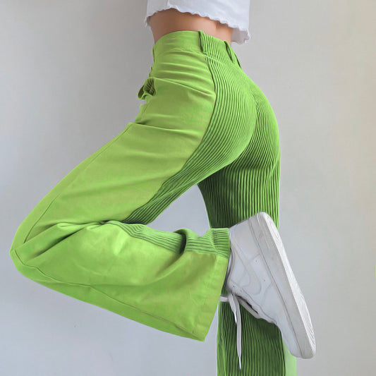 Street high waist stitching contrast trousers