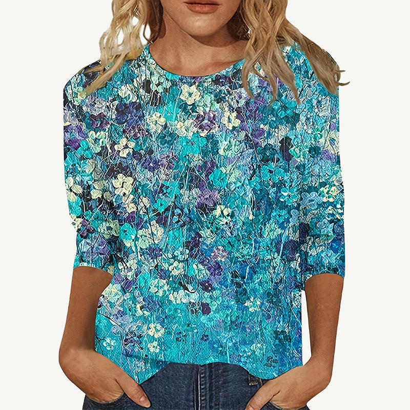 Europæisk og amerikansk blomsterprintet langærmet T-shirt med rund hals