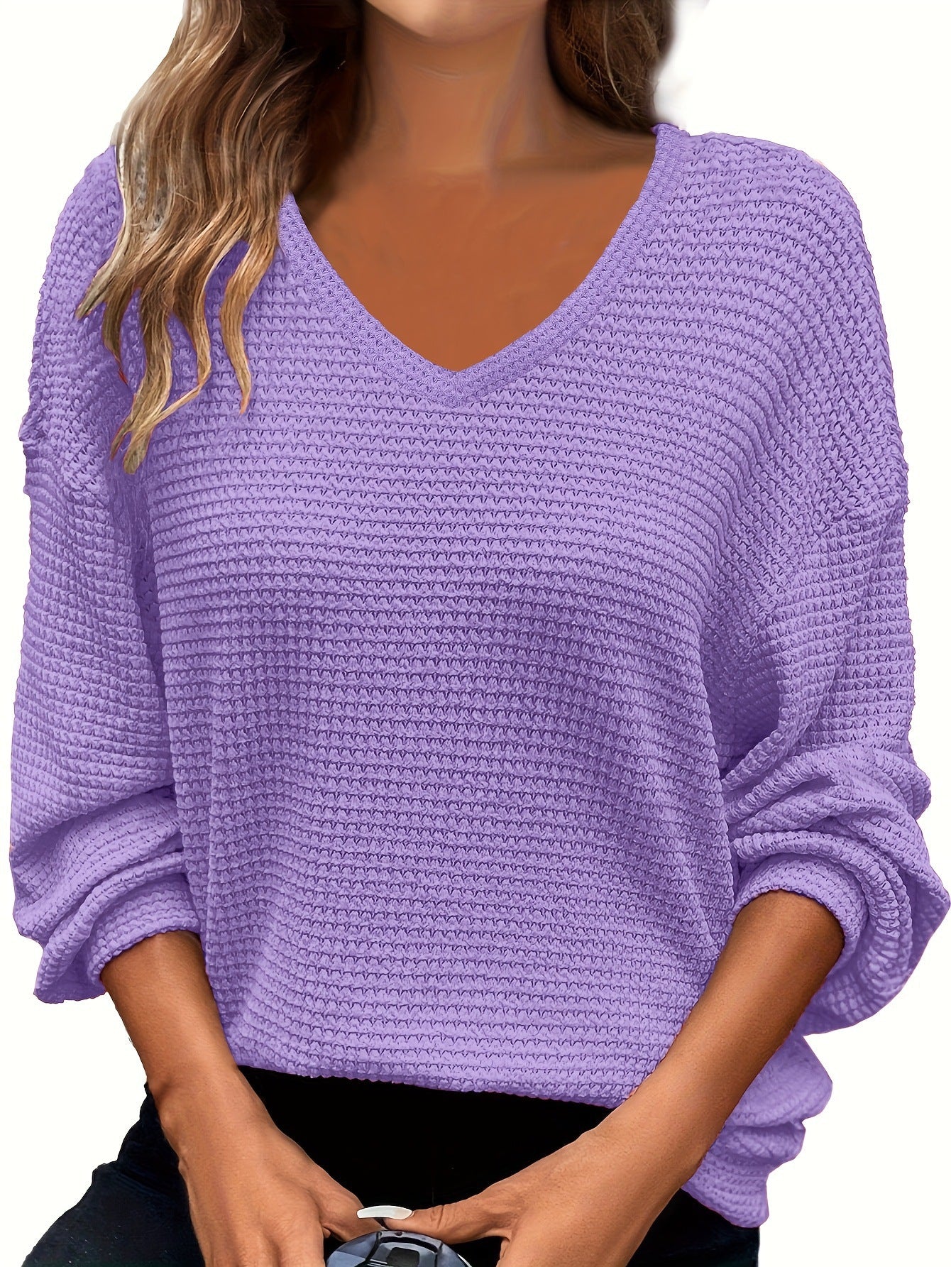 Solid-color V-neck Pineapple-pattern Pullover Casual T-shirt