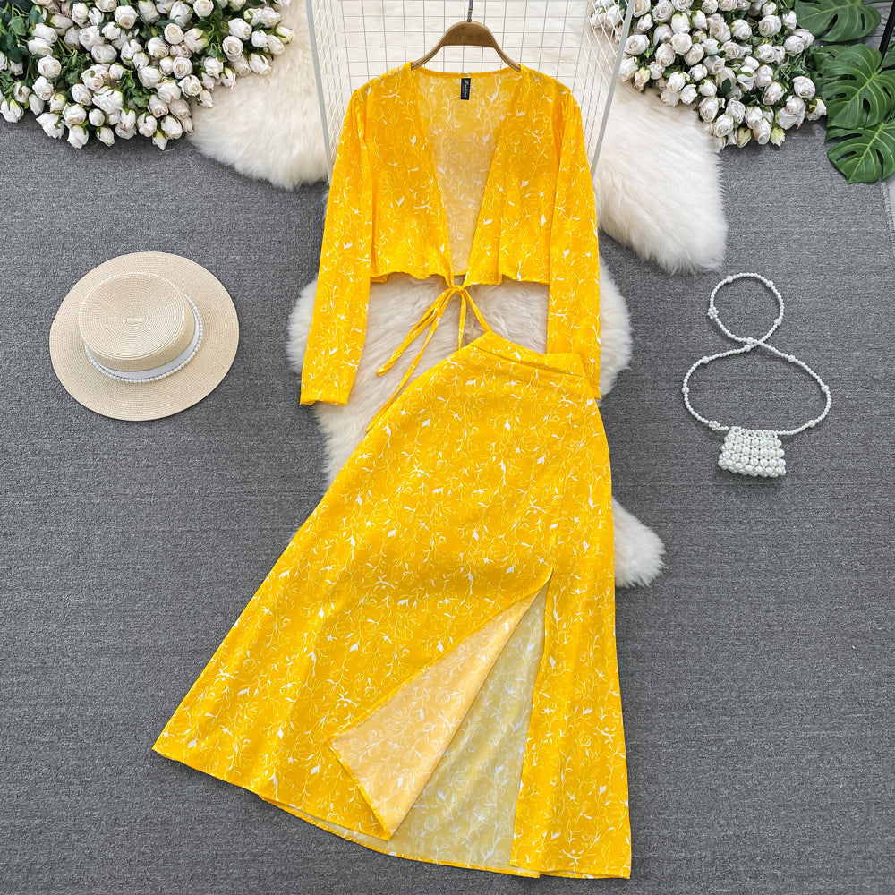 European And American-style Long-sleeve Deep V-neck Tie-up Top Two-piece Set