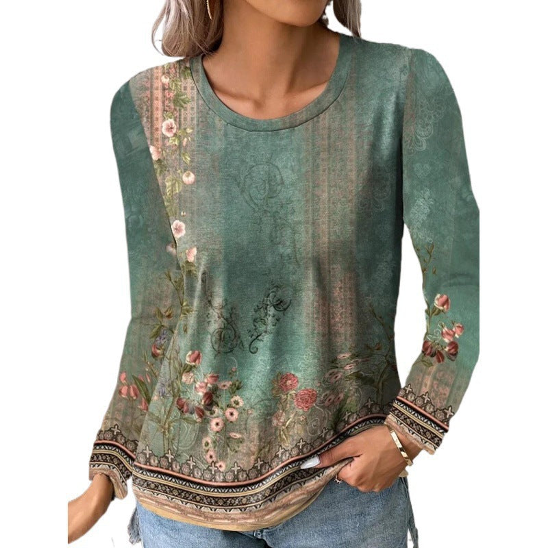 Landscape Painting Printed Long-sleeved T-shirt Top