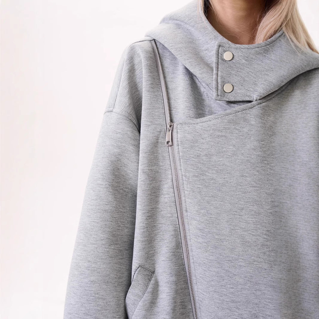 Retro Double Zipper Stitching Deconstructing Air Layer Hooded Sweater