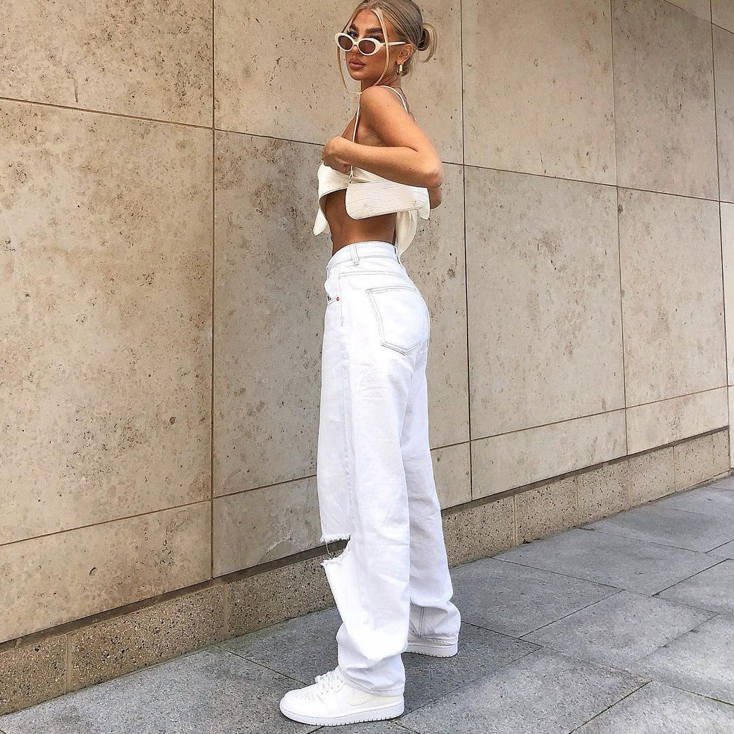 Women's Europe And America Big Hole White Jeans Lady