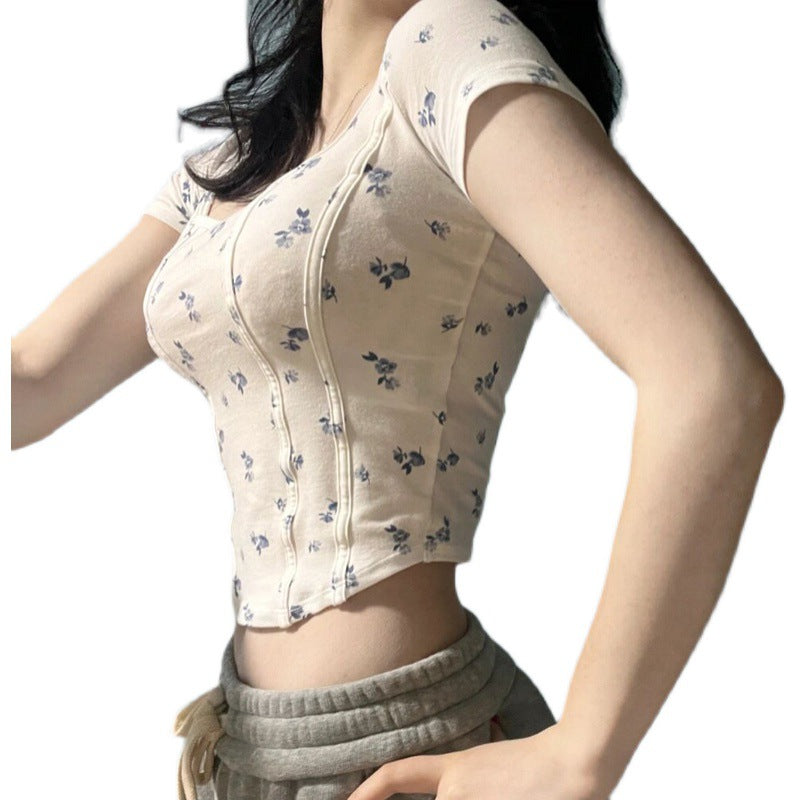 Short Sleeve Fishbone T Shirt With Square Neck And Floral Trim