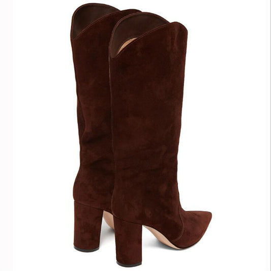 Pointed Toe And Thick Heel One-foot Large Size European And American Women's Knee-length Boots