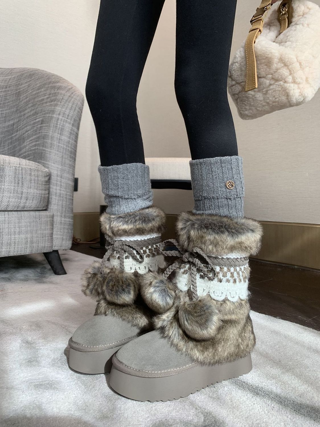 Retro Chunky Brown Boots With Fleece-lined Ankle Boots