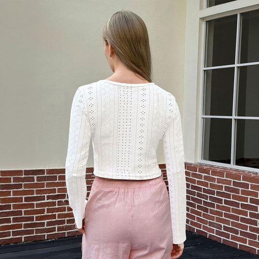Long-sleeved Hollow-out Short Tie-breathable Top
