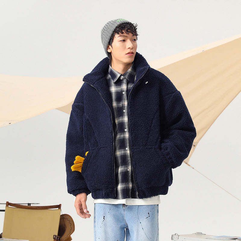 Retro Tide Brand Couple Stand Collar Quilted Lamb Wool Padded Coat