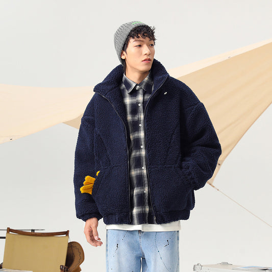Retro Tide Brand Couple Stand Collar Quilted Lamb Wool Padded Coat