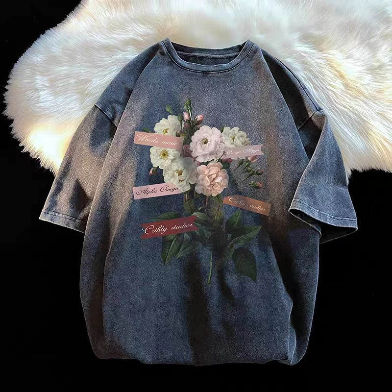 Flower Print Couple Ins Half Sleeve T-shirt