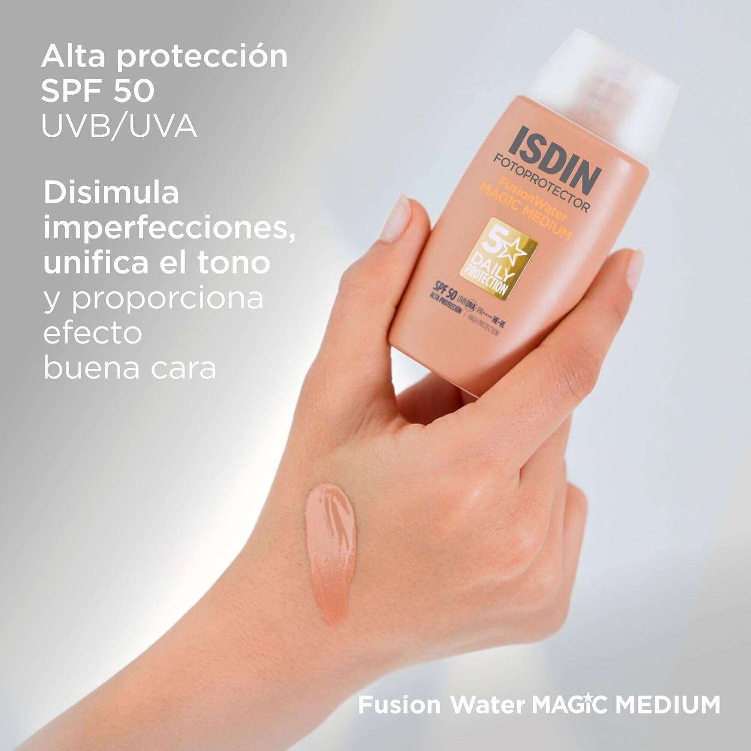 ISDIN Fusion Water Magic Color SPF 50, Protector Solar Facial De Uso Diario Ultraligero Con Color, 3 Tonos Disponibles, 50Ml
