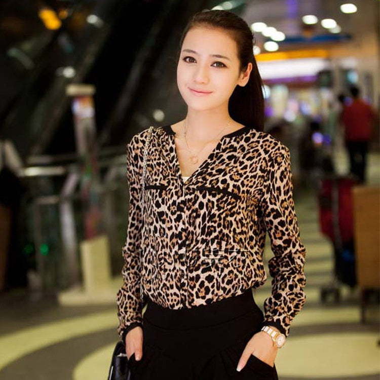 Casual Chiffon Shirt Women's Leopard Print Pattern Anti-DDoS Stand Collar Shirt