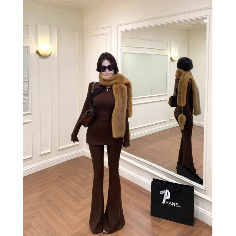 Slimming Round-neck T-shirt And Flared Pants Two-piece Set