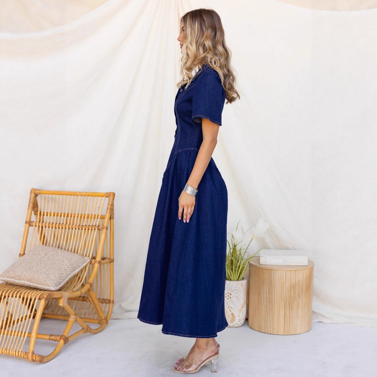 Elegant Waist Cinched Womens Denim Swing Dress With Short Sleeves