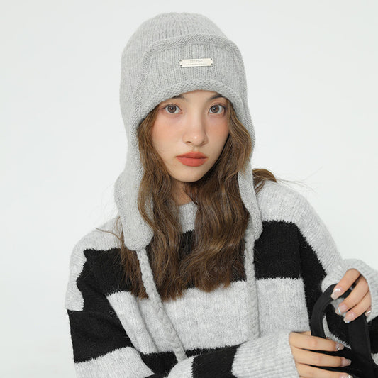 Women's Hat With Ear Protector And Wool Ball Knitting