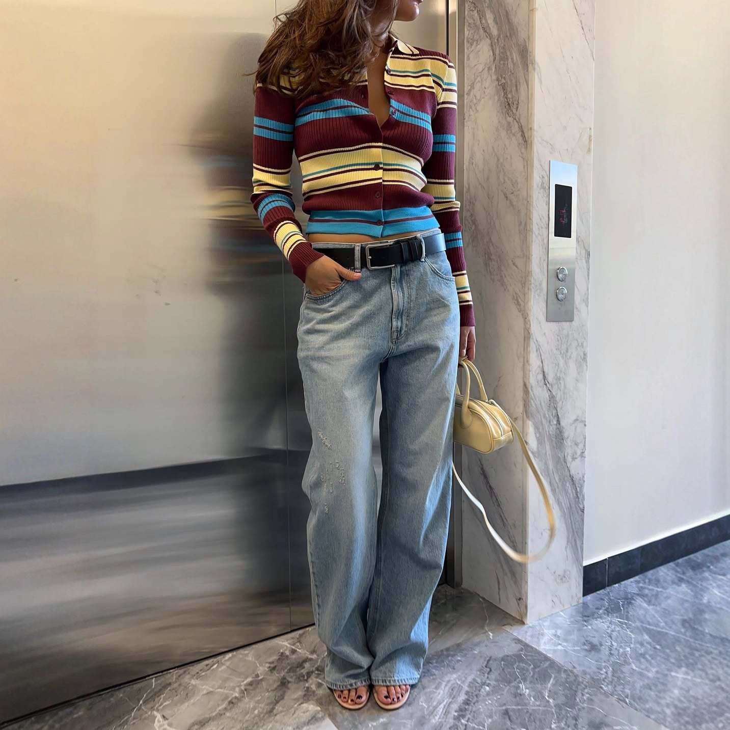 Retro-collar Slimming Versatile Striped Sweater