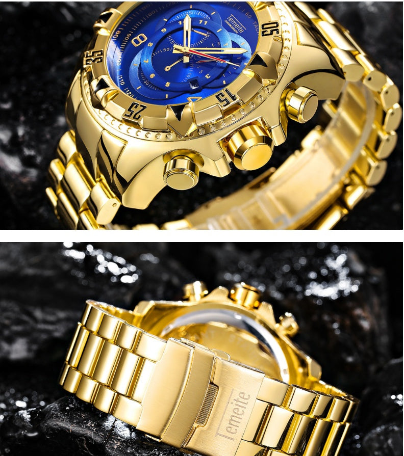 Explosion models watch men's fake three-eye luminous large dial steel belt sports men's watch